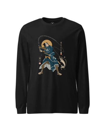 Samurai Fishing 4 Ukiyo-e Unisex Long Sleeve Tee Black - Samurai Original