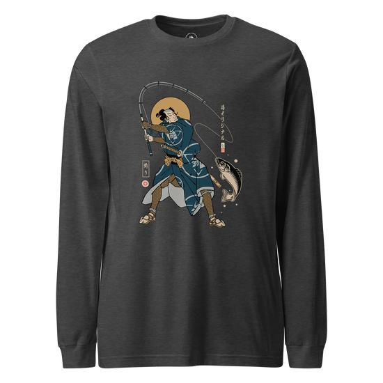 Samurai Fishing 4 Ukiyo-e Unisex Long Sleeve Tee Dark Grey Heather - Samurai Original