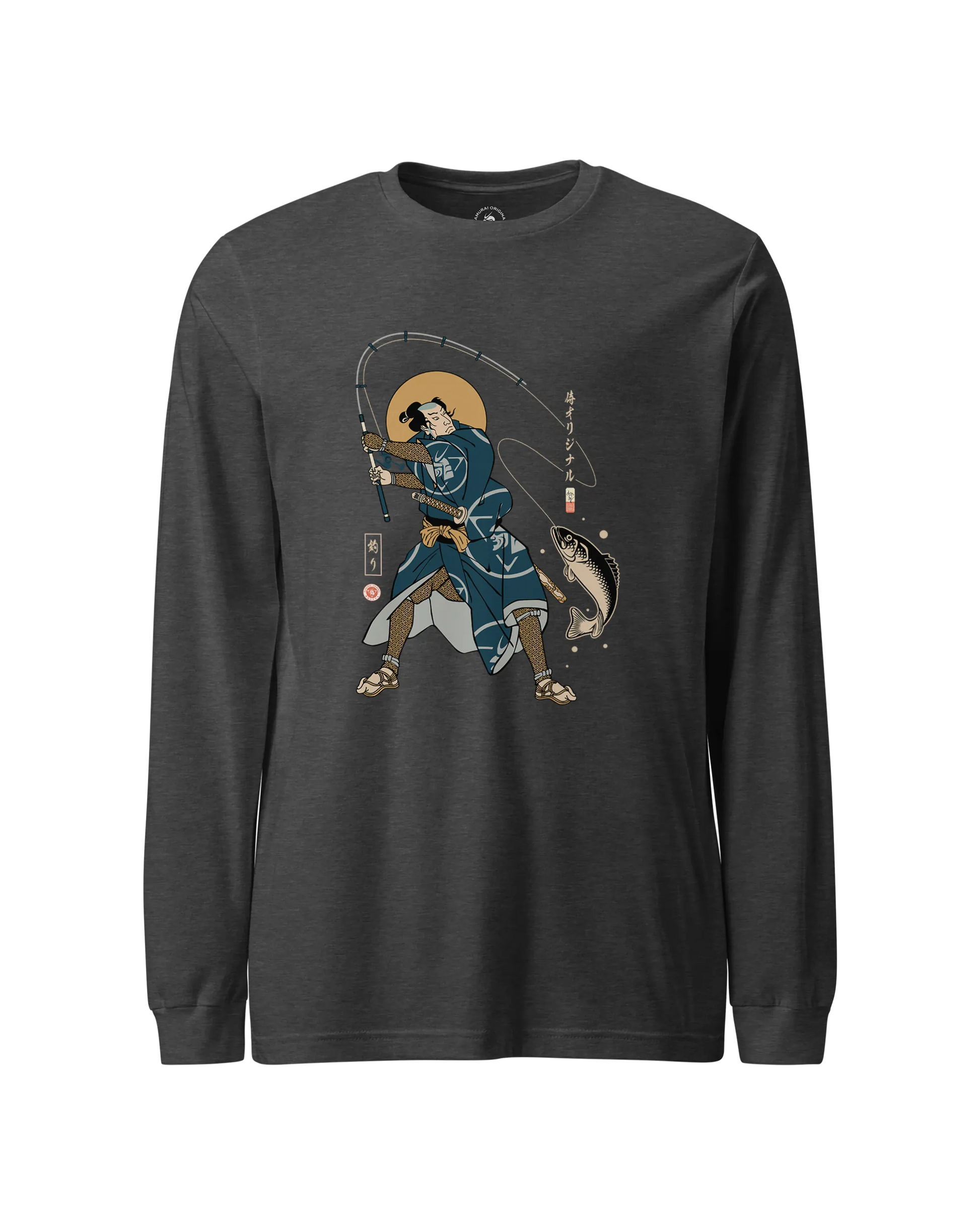 Samurai Fishing 4 Ukiyo-e Unisex Long Sleeve Tee Dark Grey Heather - Samurai Original
