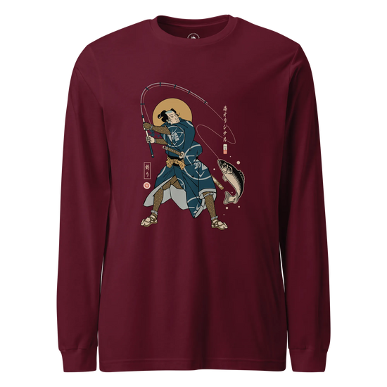 Samurai Fishing 4 Ukiyo-e Unisex Long Sleeve Tee Maroon - Samurai Original