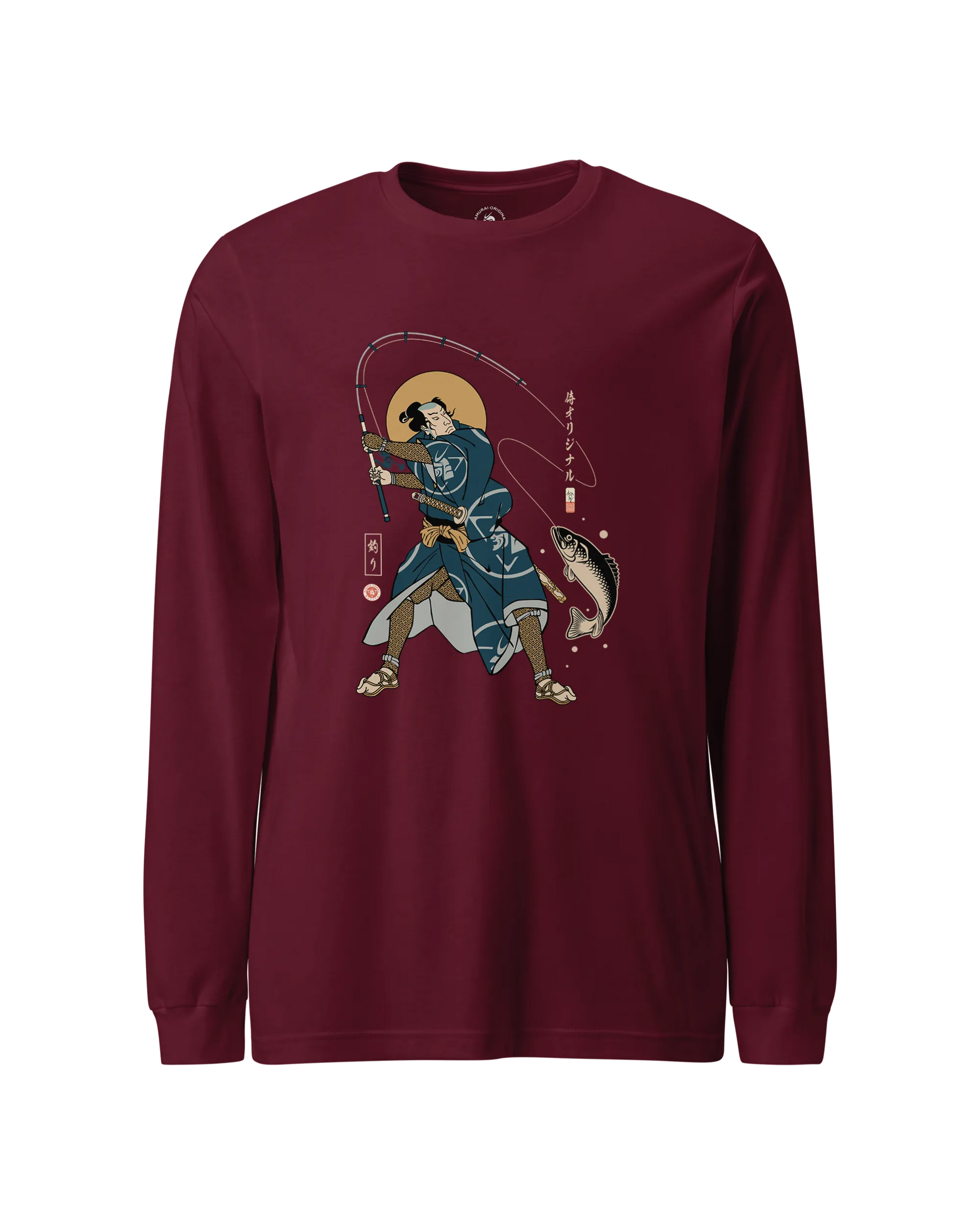 Samurai Fishing 4 Ukiyo-e Unisex Long Sleeve Tee Maroon - Samurai Original