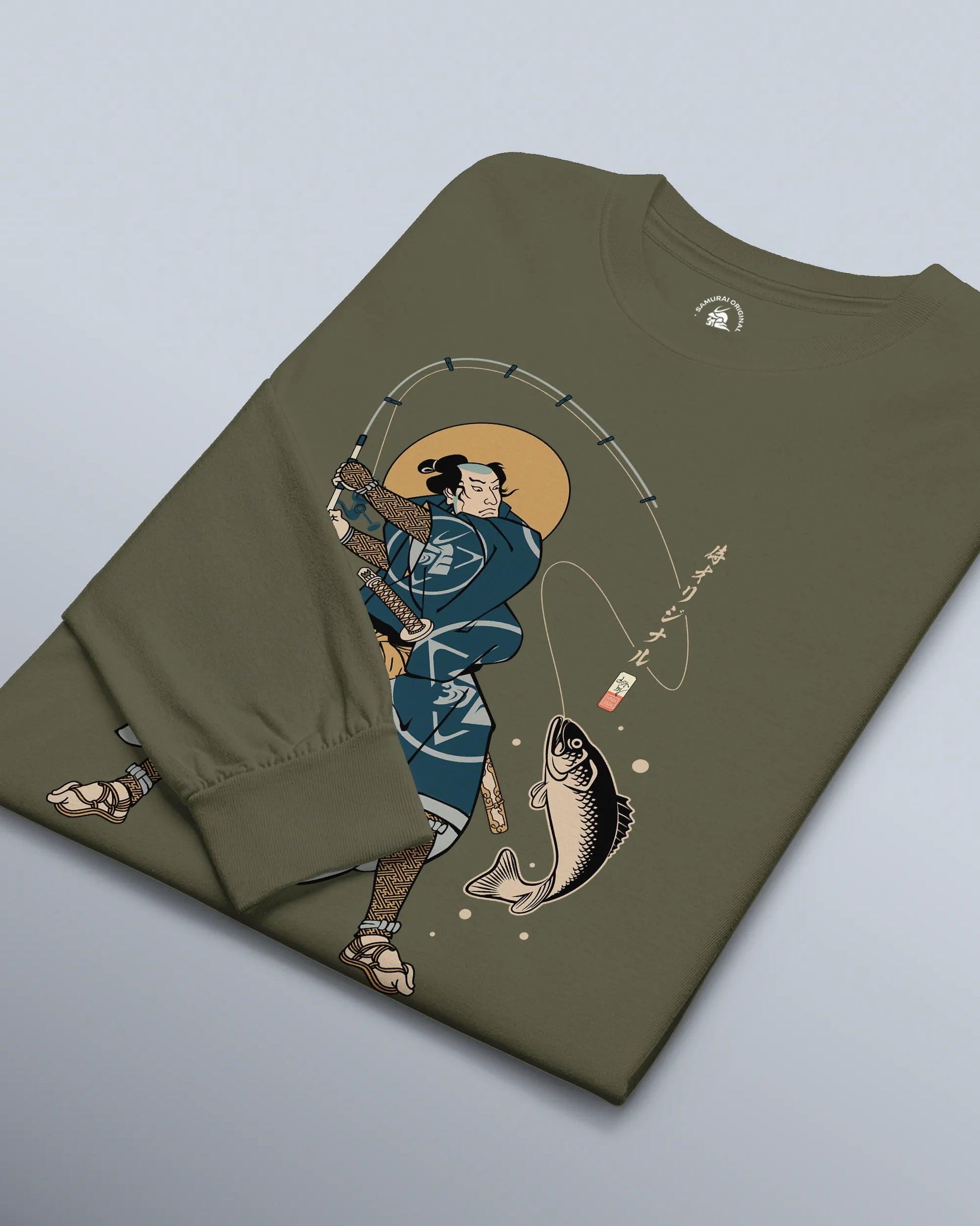 Samurai Fishing 4 Ukiyo-e Unisex Long Sleeve Tee - Samurai Original