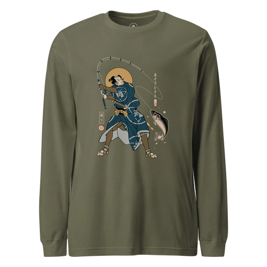 Samurai Fishing 4 Ukiyo-e Unisex Long Sleeve Tee Military Green - Samurai Original