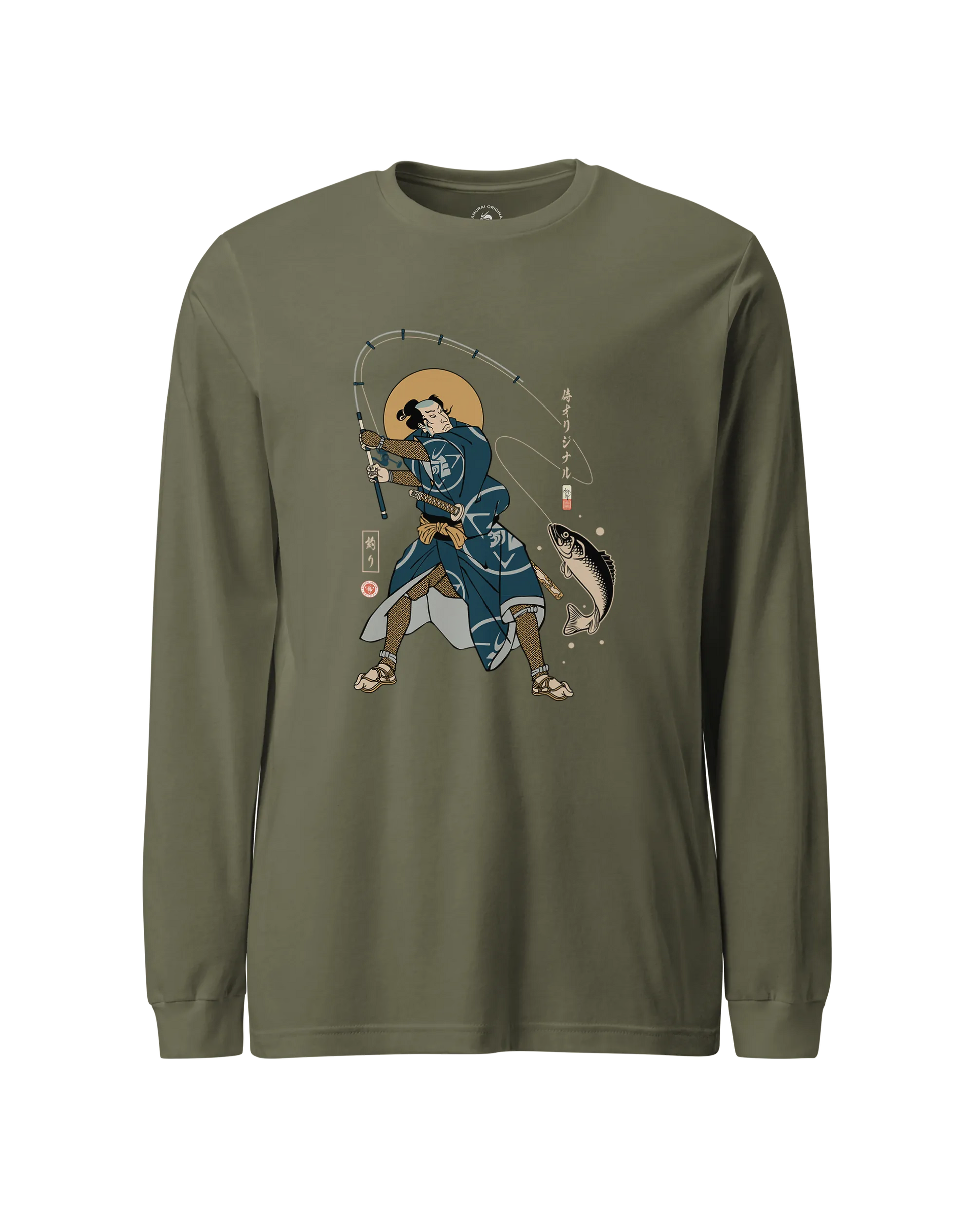 Samurai Fishing 4 Ukiyo-e Unisex Long Sleeve Tee Military Green - Samurai Original