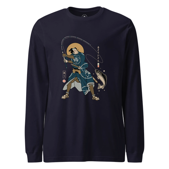 Samurai Fishing 4 Ukiyo-e Unisex Long Sleeve Tee Navy - Samurai Original