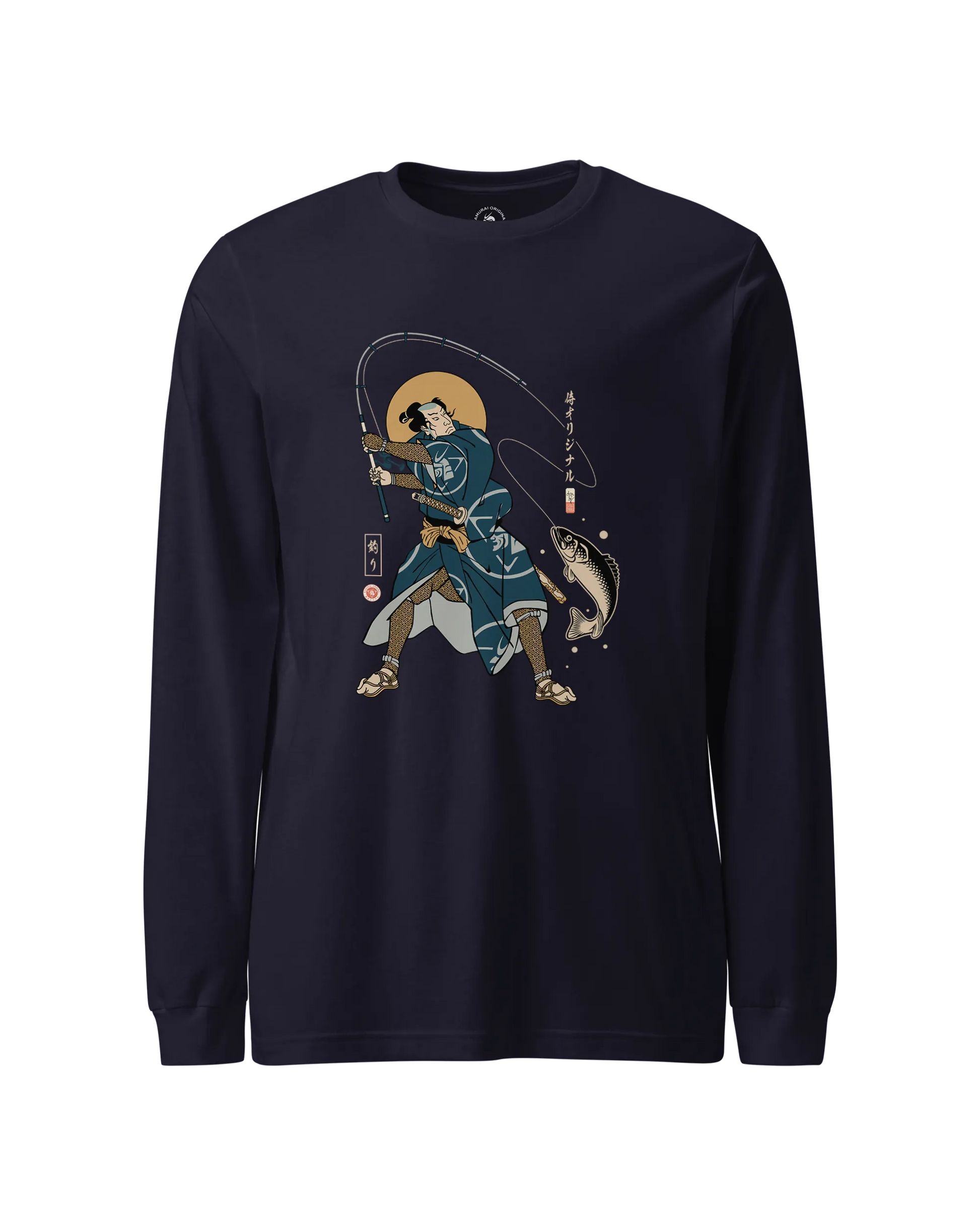Samurai Fishing 4 Ukiyo-e Unisex Long Sleeve Tee Navy - Samurai Original