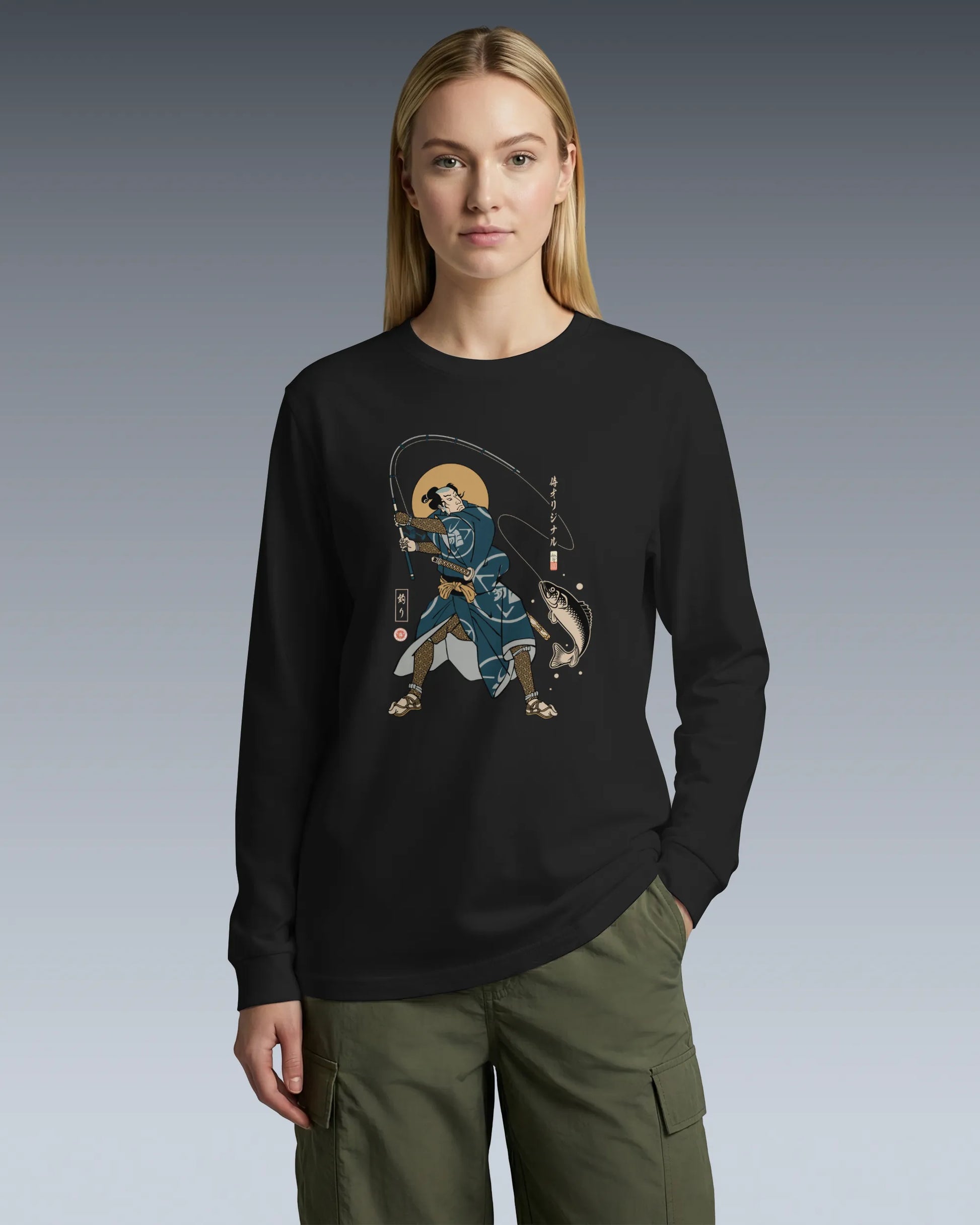 Samurai Fishing 4 Ukiyo-e Unisex Long Sleeve Tee - Samurai Original