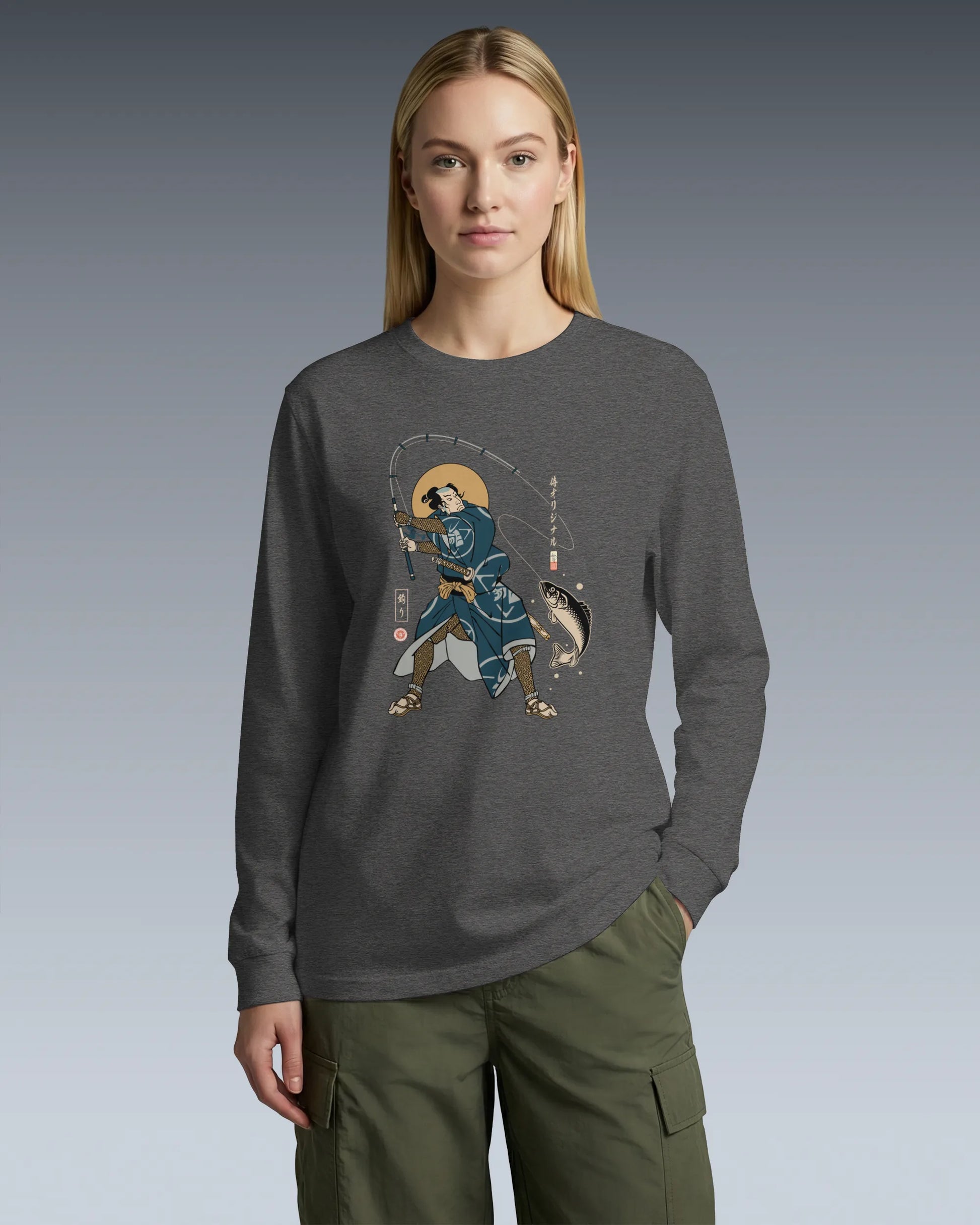 Samurai Fishing 4 Ukiyo-e Unisex Long Sleeve Tee - Samurai Original