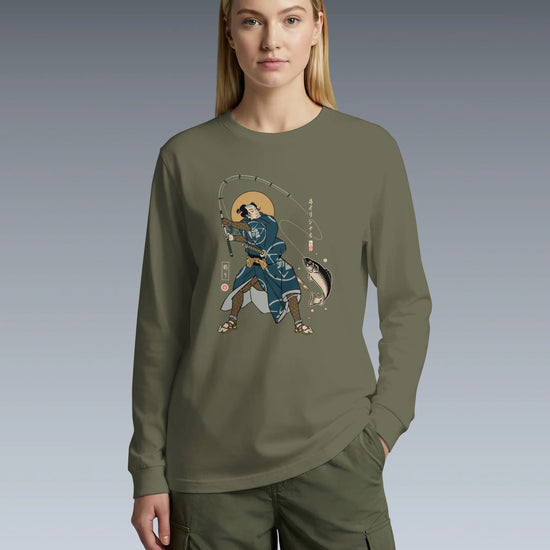Samurai Fishing 4 Ukiyo-e Unisex Long Sleeve Tee - Samurai Original