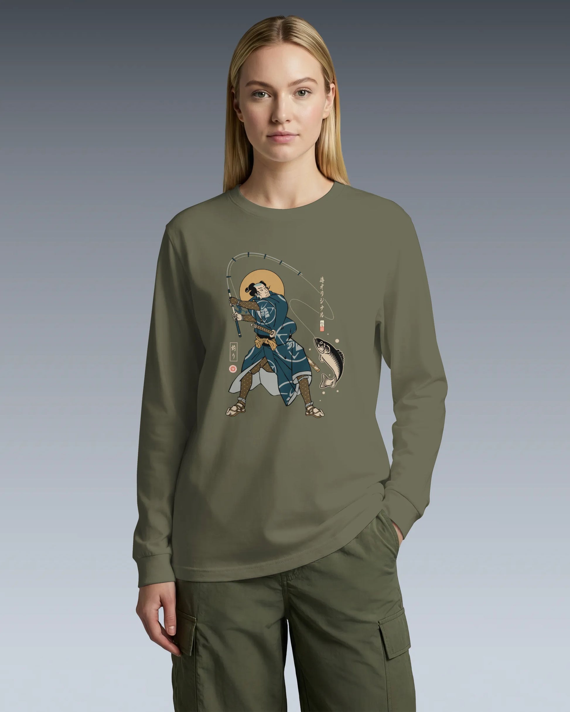Samurai Fishing 4 Ukiyo-e Unisex Long Sleeve Tee - Samurai Original