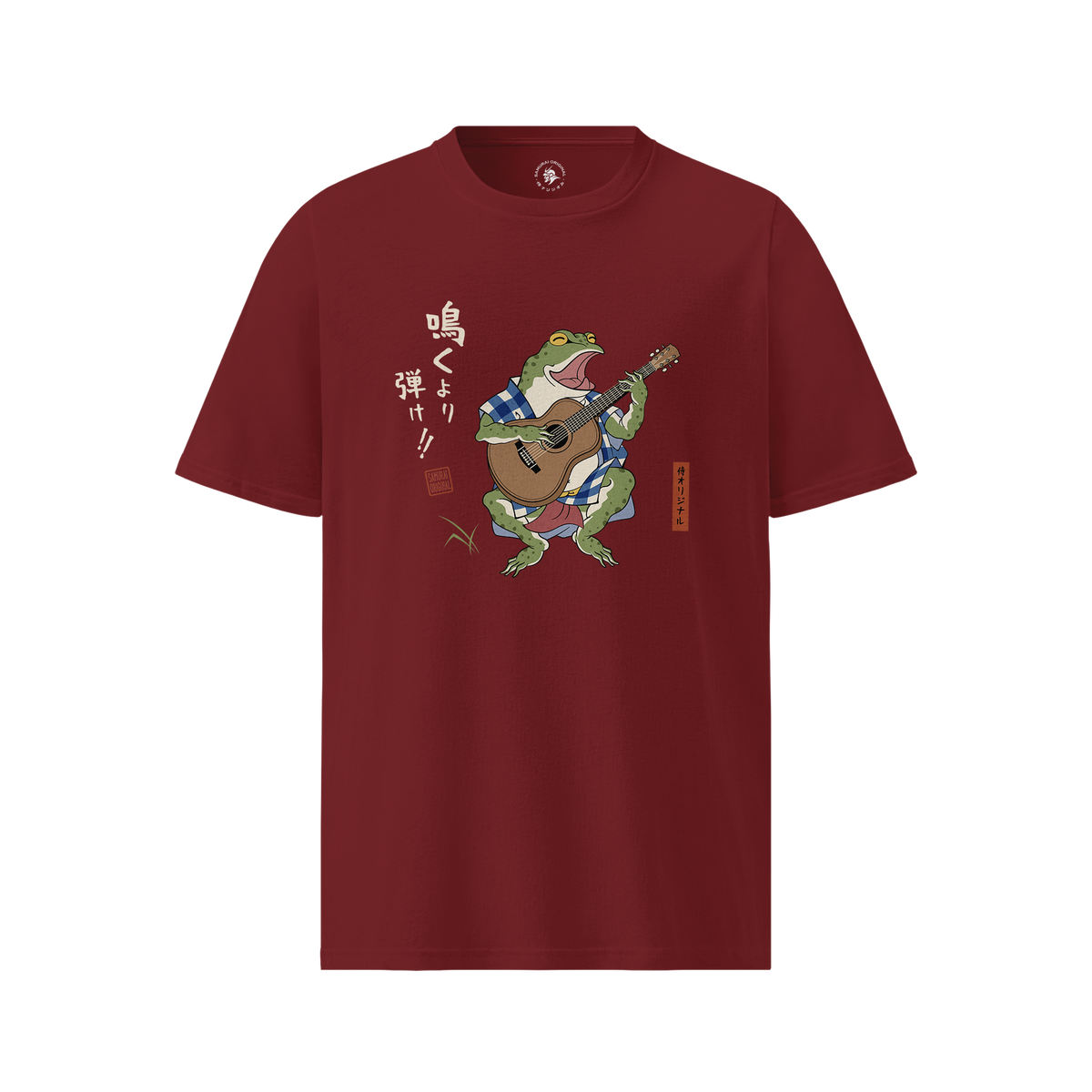 Samurai Frog Acoustic Guitar Organic T-Shirt Burgundy - Samurai Original
