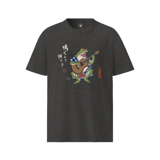 Samurai Frog Acoustic Guitar Organic T-Shirt Dark Heather Grey - Samurai Original