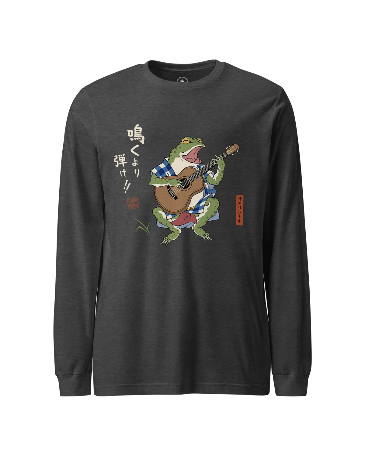 Samurai Frog Acoustic Guitar Unisex Long Sleeve Tee Dark Grey Heather - Samurai Original