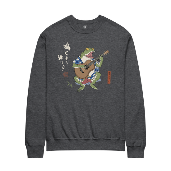 Samurai Frog Acoustic Guitar Unisex Sweatshirt Dark Heather - Samurai Original
