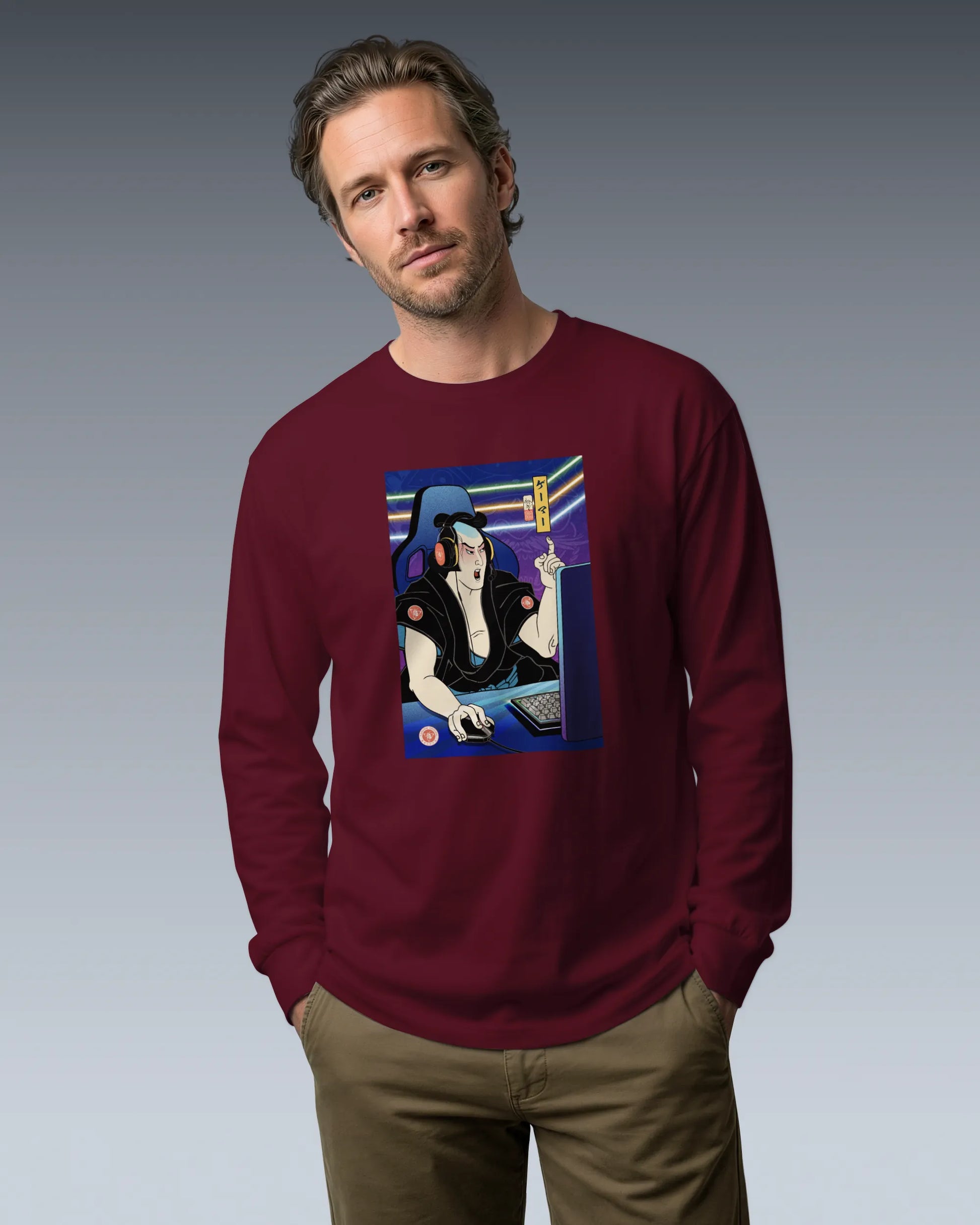 Samurai Gamer 2 Streamer Ukiyo-e Unisex Long Sleeve Tee - Samurai Original