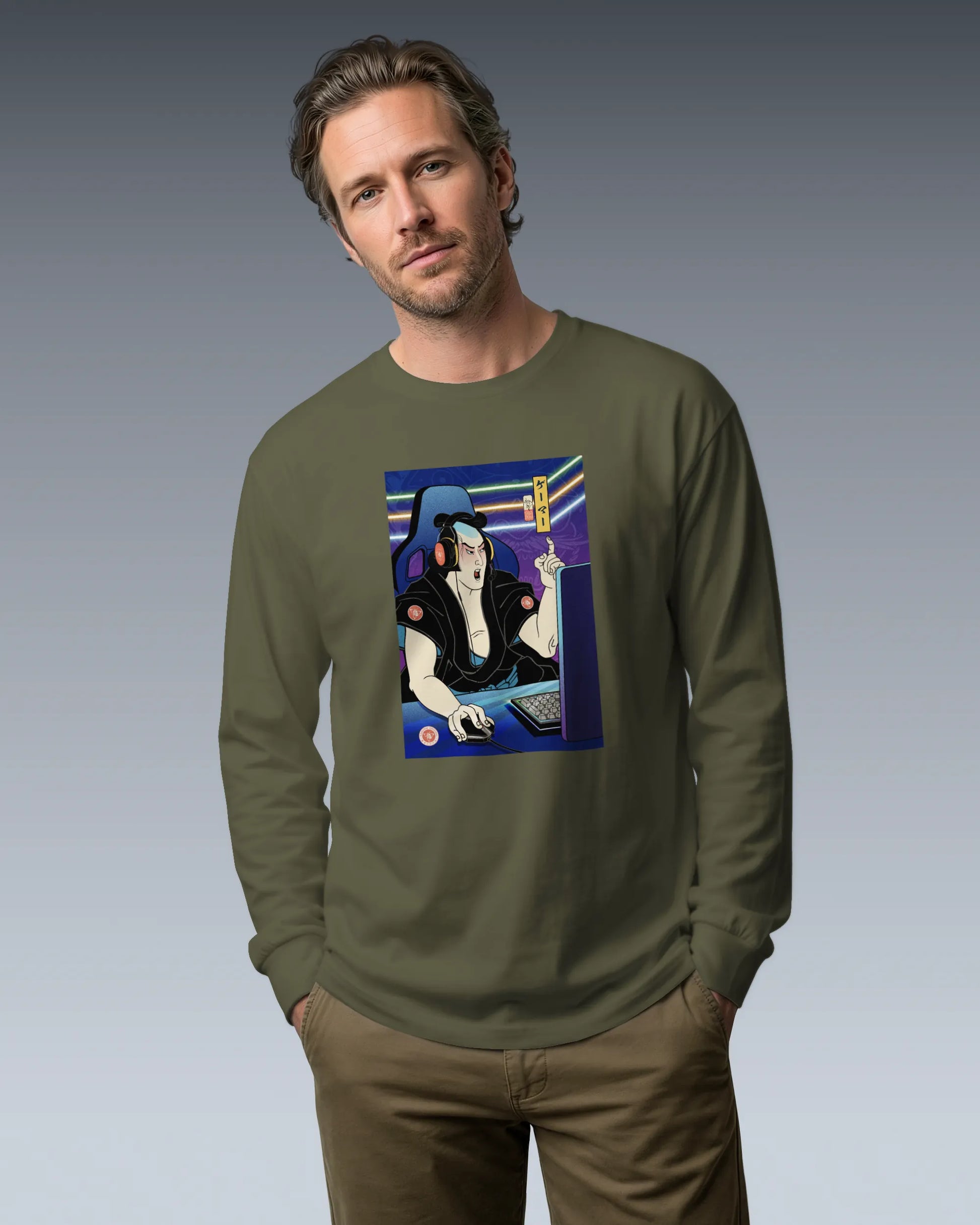 Samurai Gamer 2 Streamer Ukiyo-e Unisex Long Sleeve Tee - Samurai Original