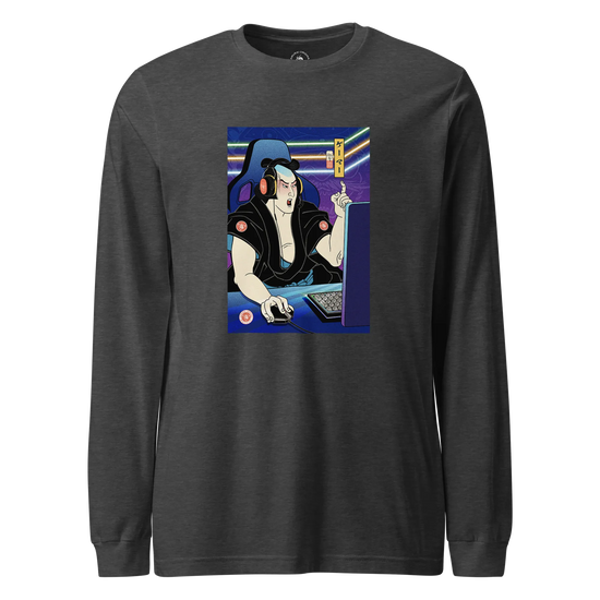 Samurai Gamer 2 Streamer Ukiyo-e Unisex Long Sleeve Tee Dark Grey Heather - Samurai Original