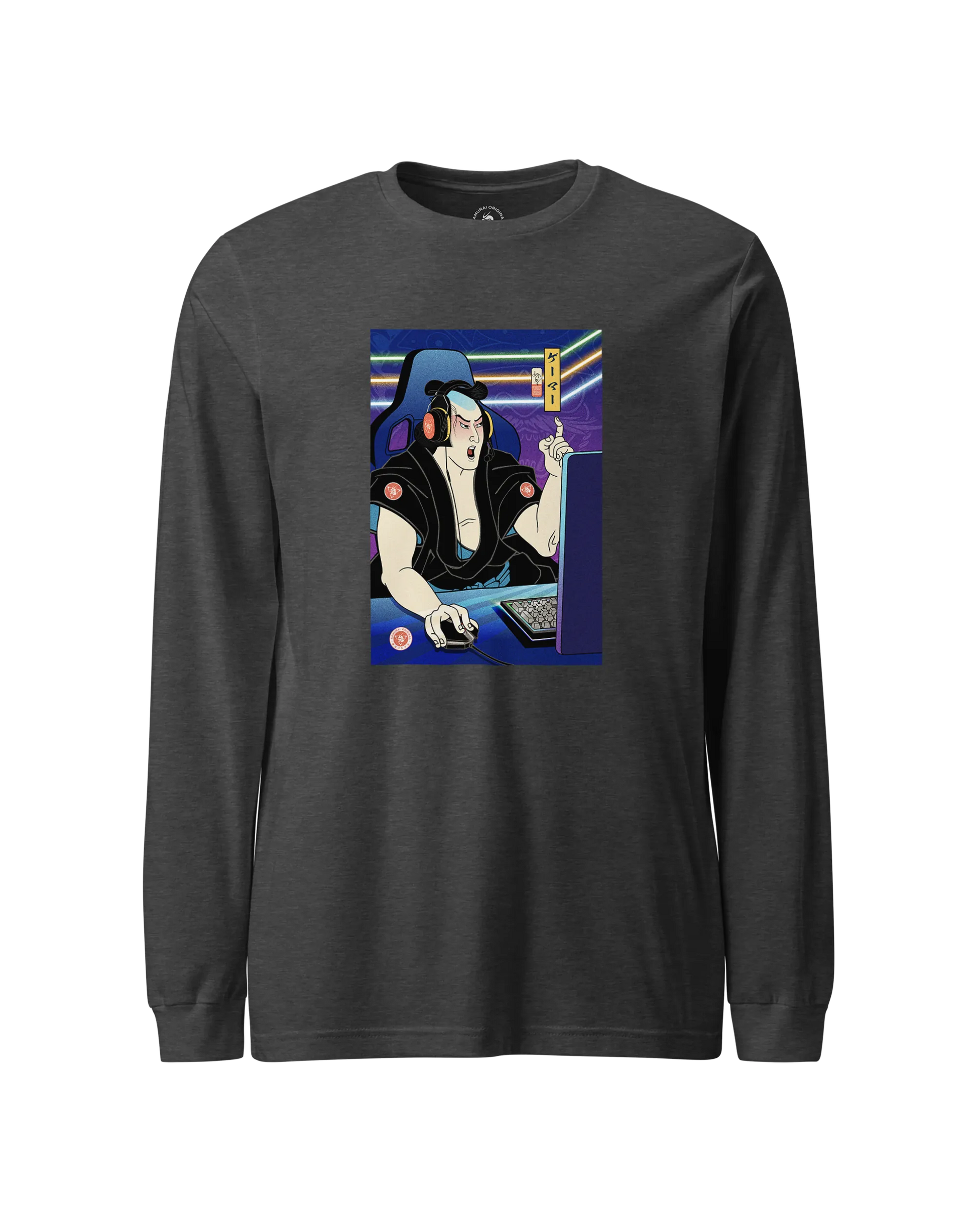Samurai Gamer 2 Streamer Ukiyo-e Unisex Long Sleeve Tee Dark Grey Heather - Samurai Original