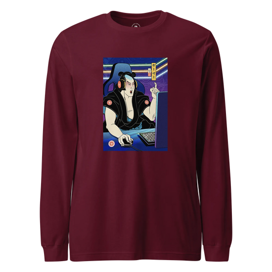 Samurai Gamer 2 Streamer Ukiyo-e Unisex Long Sleeve Tee Maroon - Samurai Original