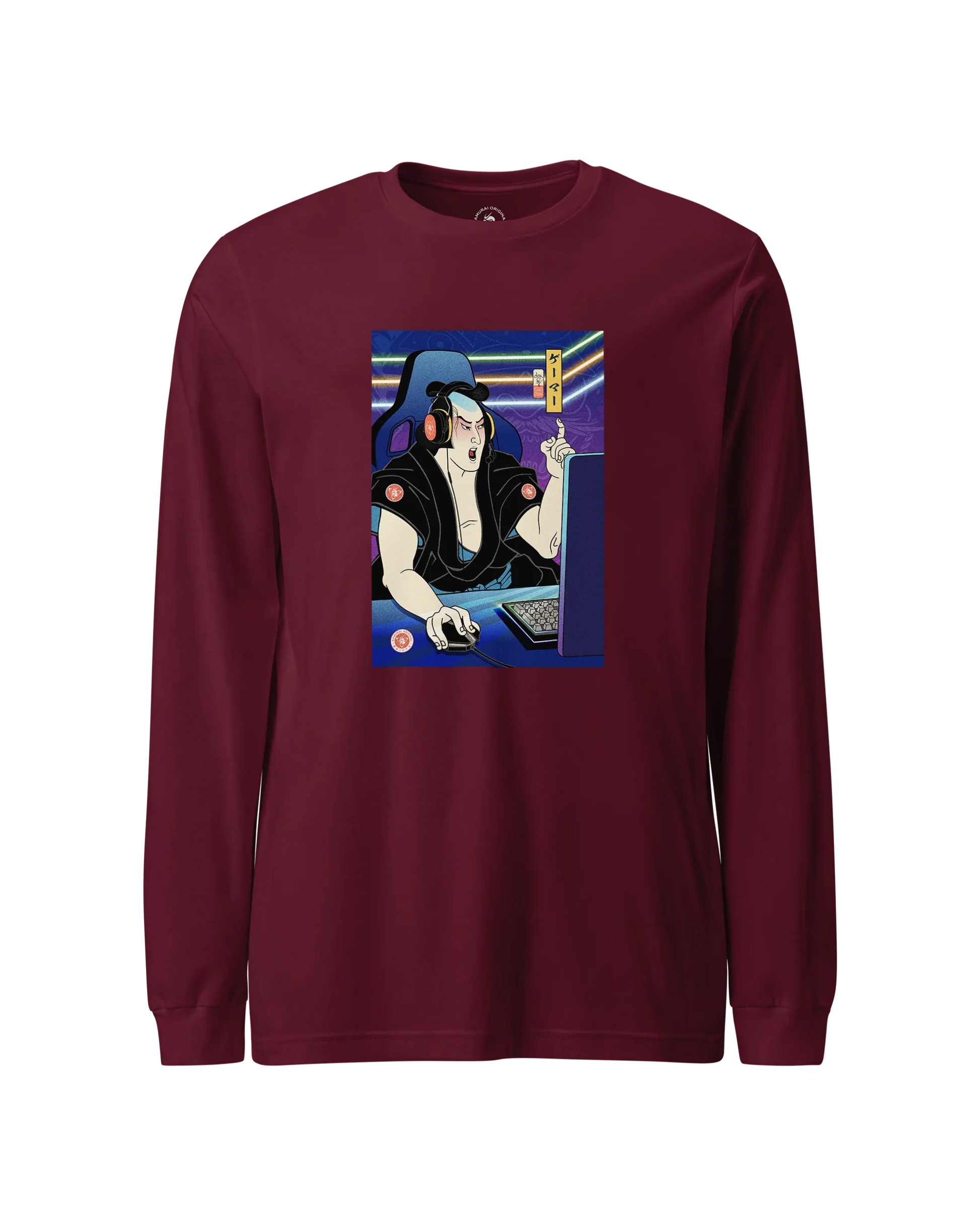 Samurai Gamer 2 Streamer Ukiyo-e Unisex Long Sleeve Tee Maroon - Samurai Original