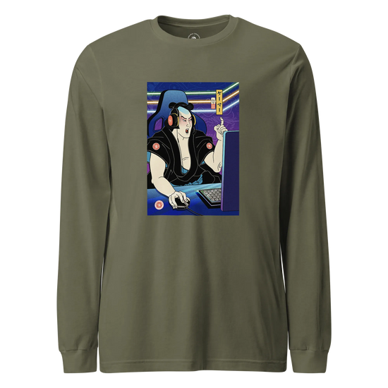 Samurai Gamer 2 Streamer Ukiyo-e Unisex Long Sleeve Tee Military Green - Samurai Original