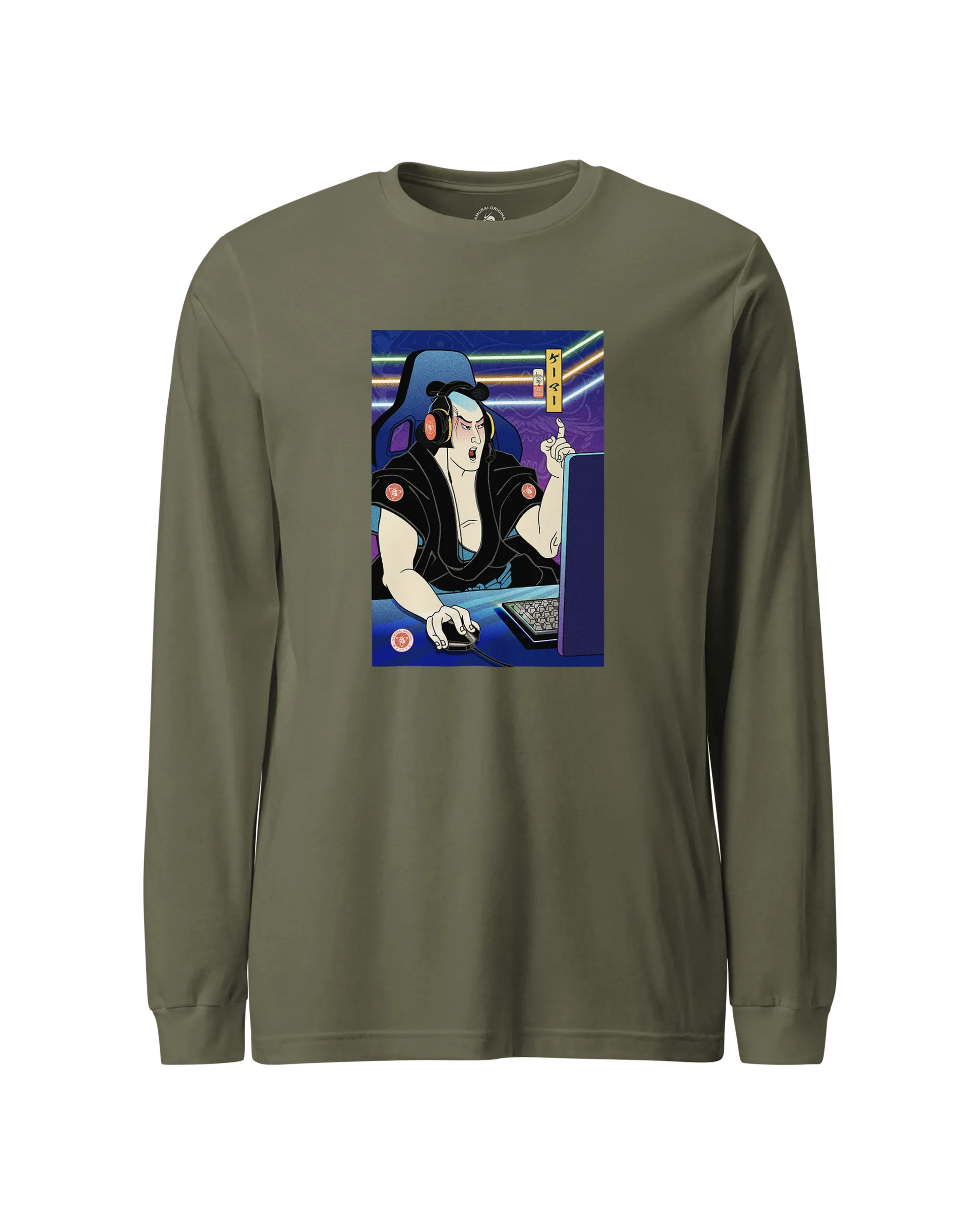 Samurai Gamer 2 Streamer Ukiyo-e Unisex Long Sleeve Tee Military Green - Samurai Original