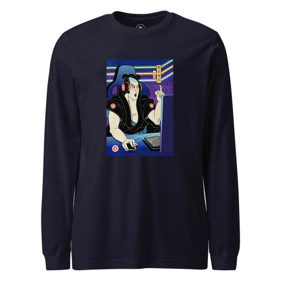 Samurai Gamer 2 Streamer Ukiyo-e Unisex Long Sleeve Tee Navy - Samurai Original