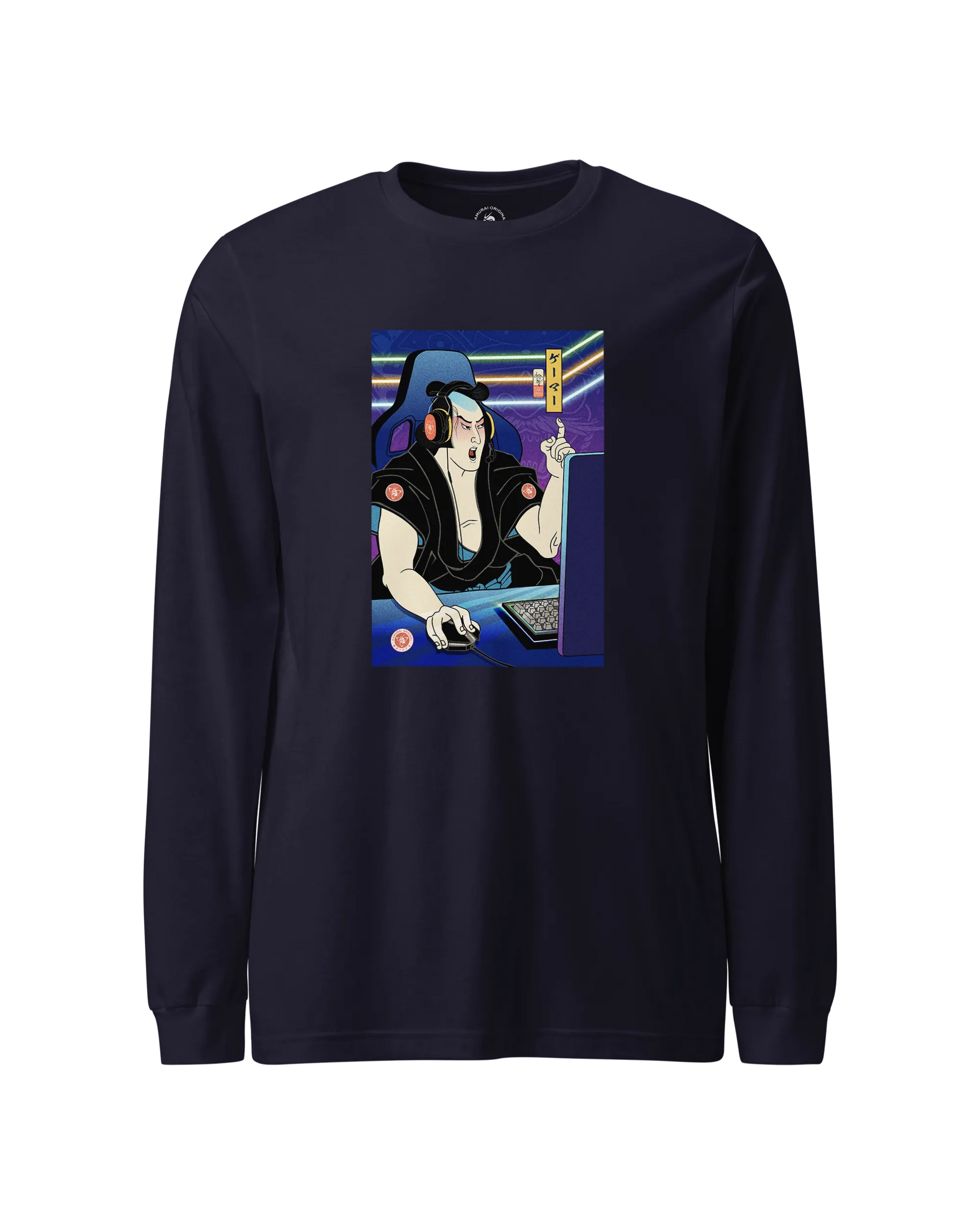 Samurai Gamer 2 Streamer Ukiyo-e Unisex Long Sleeve Tee Navy - Samurai Original