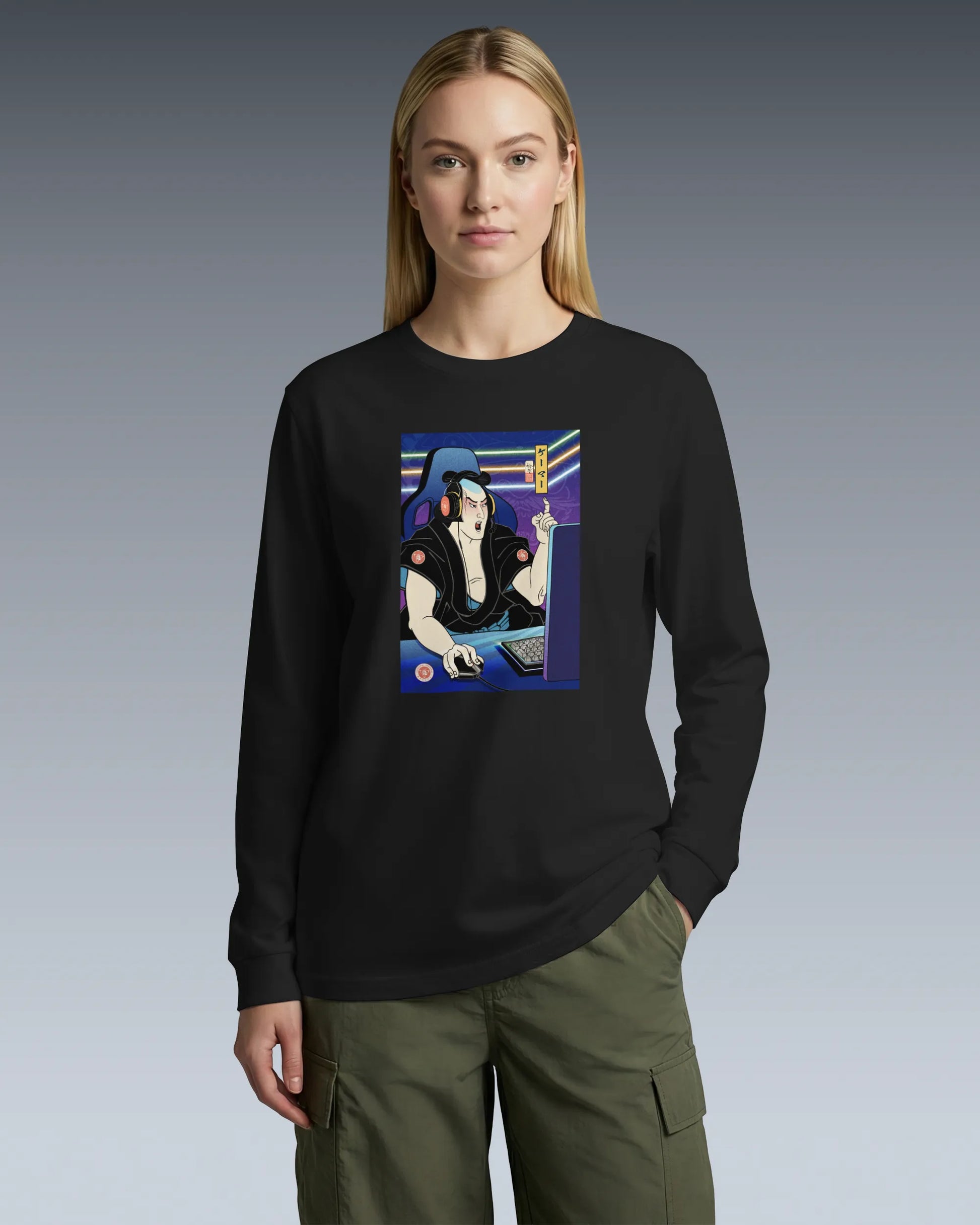 Samurai Gamer 2 Streamer Ukiyo-e Unisex Long Sleeve Tee - Samurai Original
