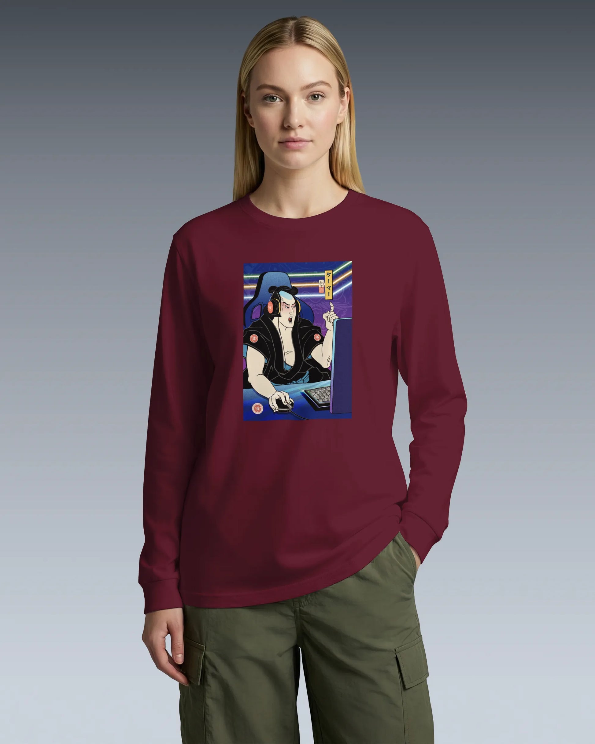 Samurai Gamer 2 Streamer Ukiyo-e Unisex Long Sleeve Tee - Samurai Original