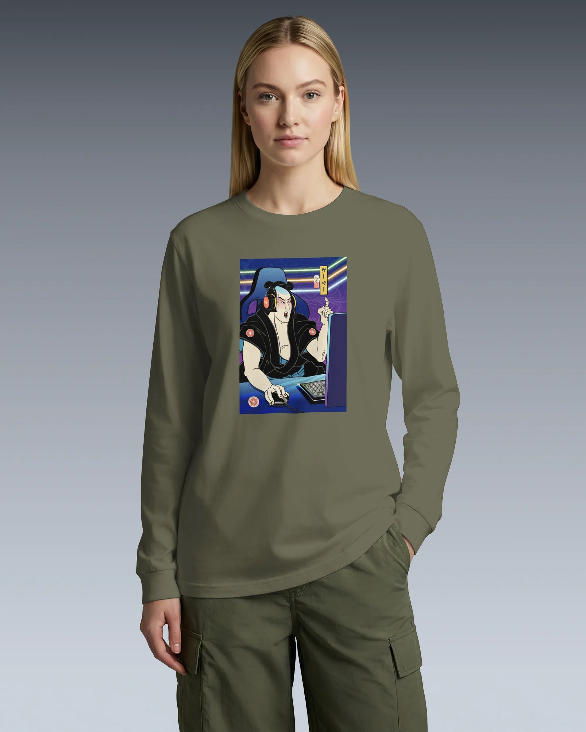 Samurai Gamer 2 Streamer Ukiyo-e Unisex Long Sleeve Tee - Samurai Original