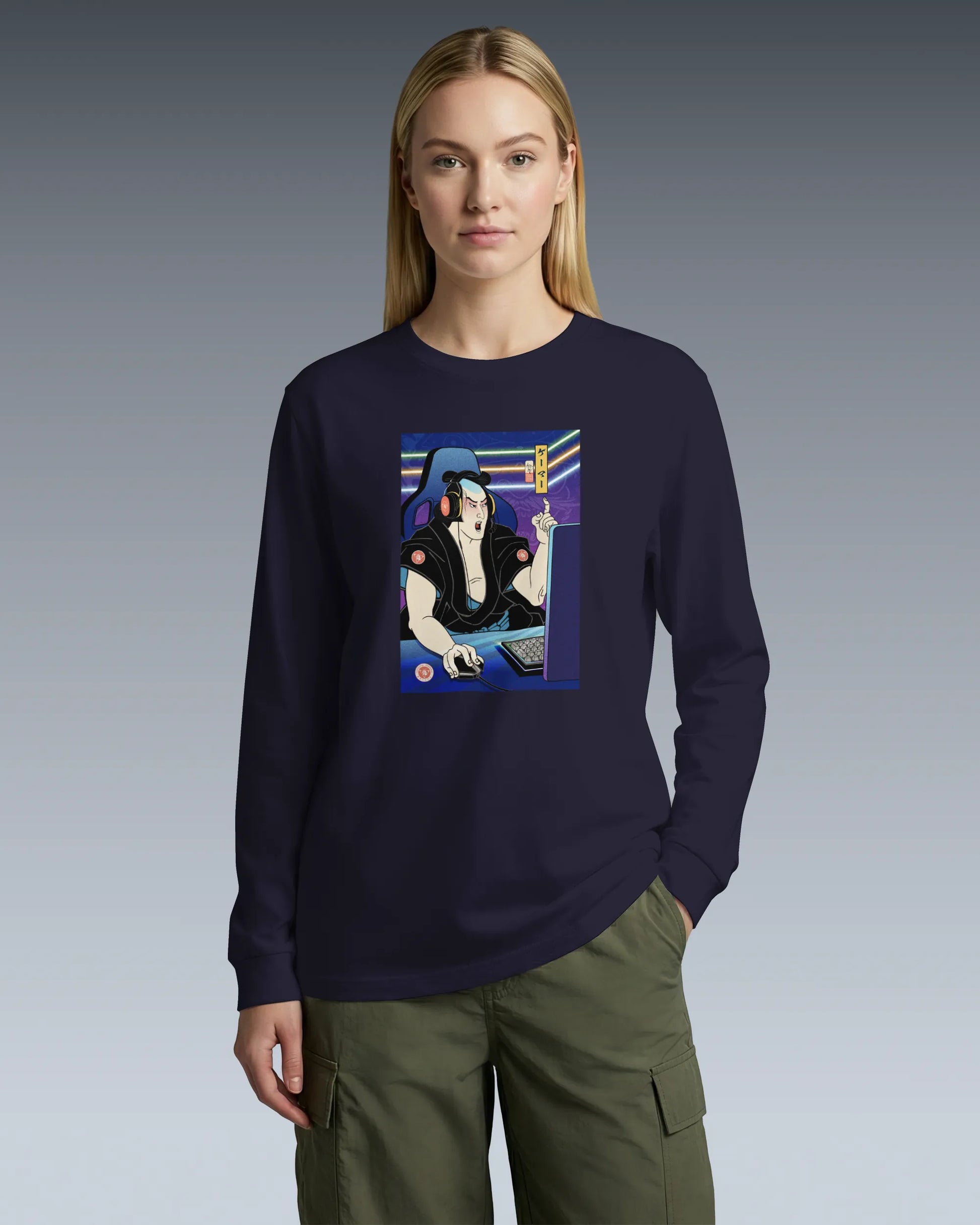 Samurai Gamer 2 Streamer Ukiyo-e Unisex Long Sleeve Tee - Samurai Original