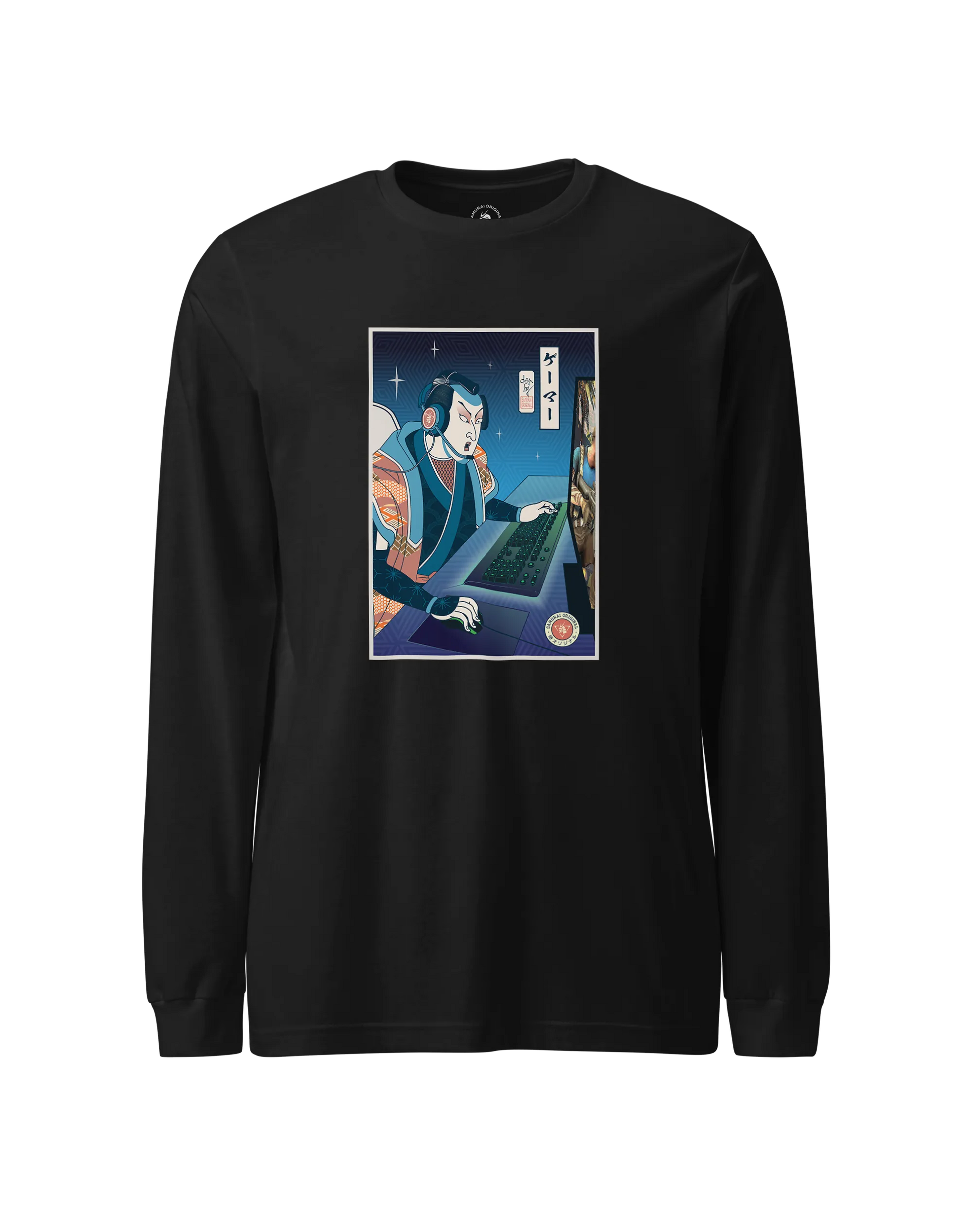 Samurai Gamer Streamer Ukiyo-e Unisex Long Sleeve Tee Black - Samurai Original