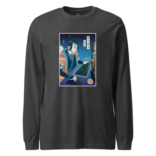 Samurai Gamer Streamer Ukiyo-e Unisex Long Sleeve Tee Dark Grey Heather - Samurai Original
