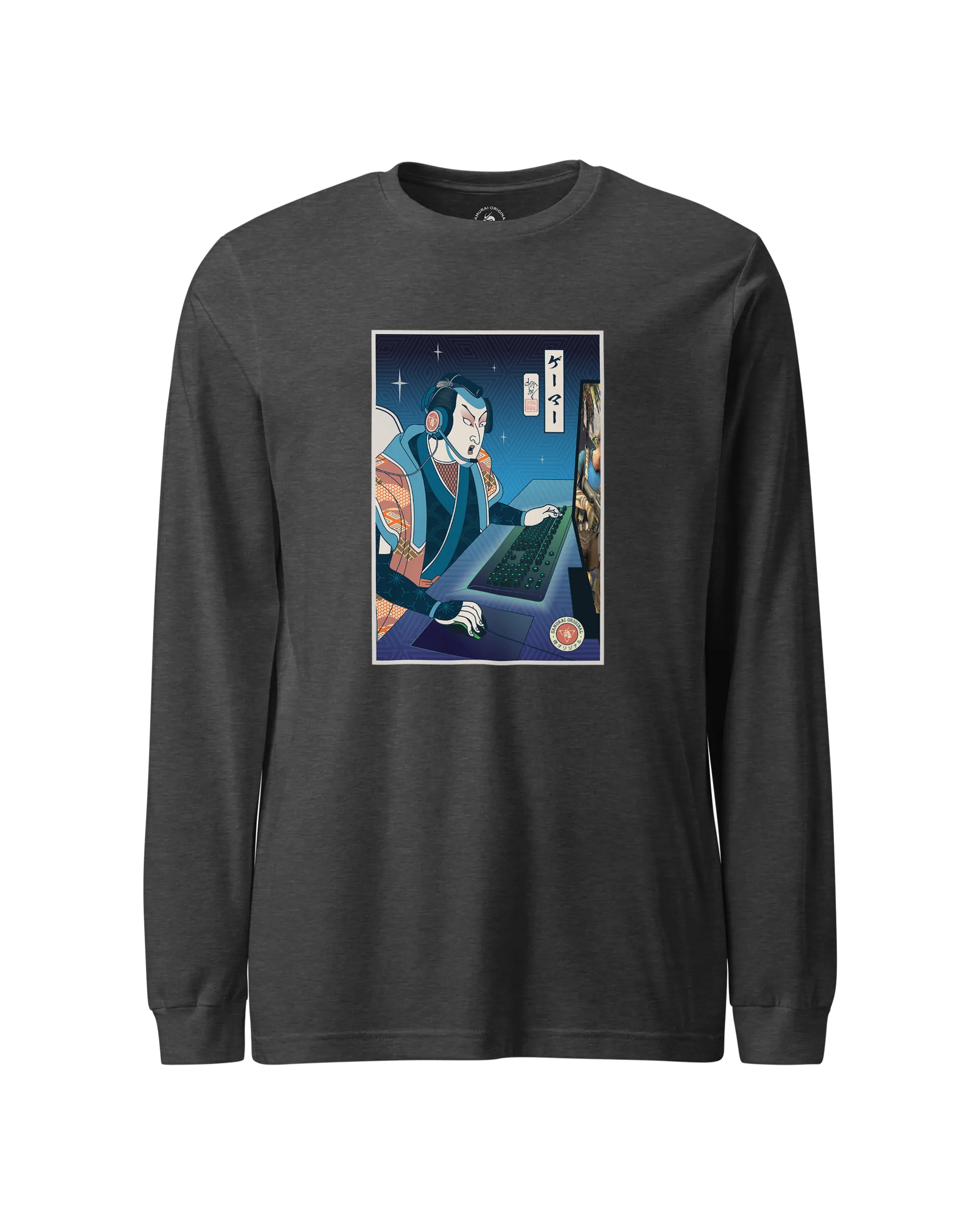 Samurai Gamer Streamer Ukiyo-e Unisex Long Sleeve Tee Dark Grey Heather - Samurai Original