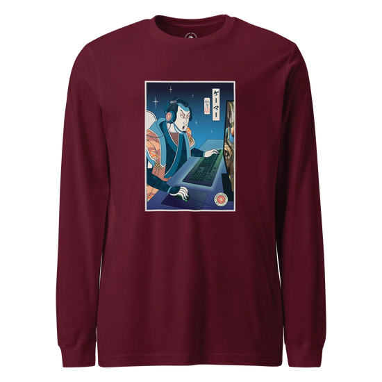 Samurai Gamer Streamer Ukiyo-e Unisex Long Sleeve Tee Maroon - Samurai Original