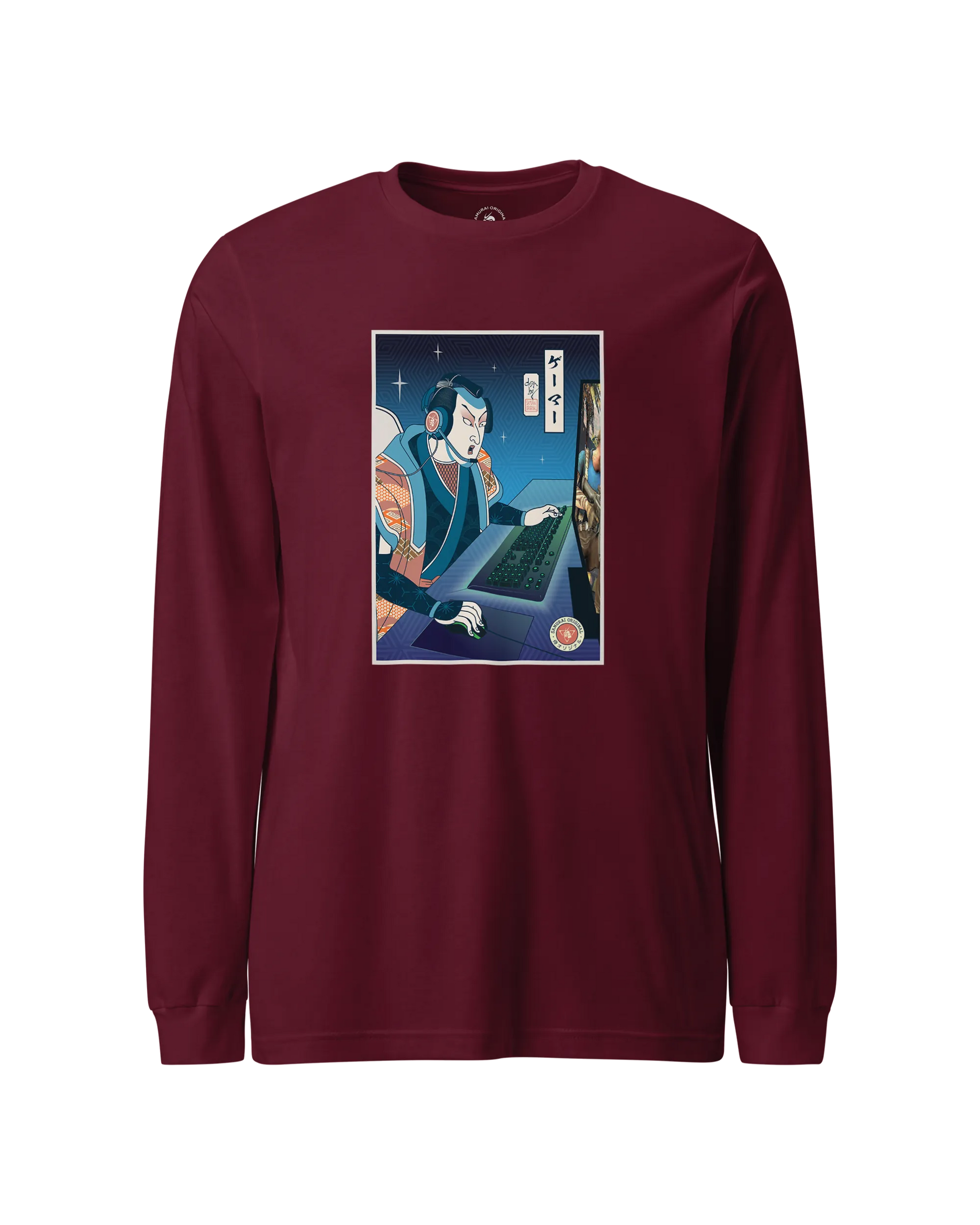 Samurai Gamer Streamer Ukiyo-e Unisex Long Sleeve Tee Maroon - Samurai Original
