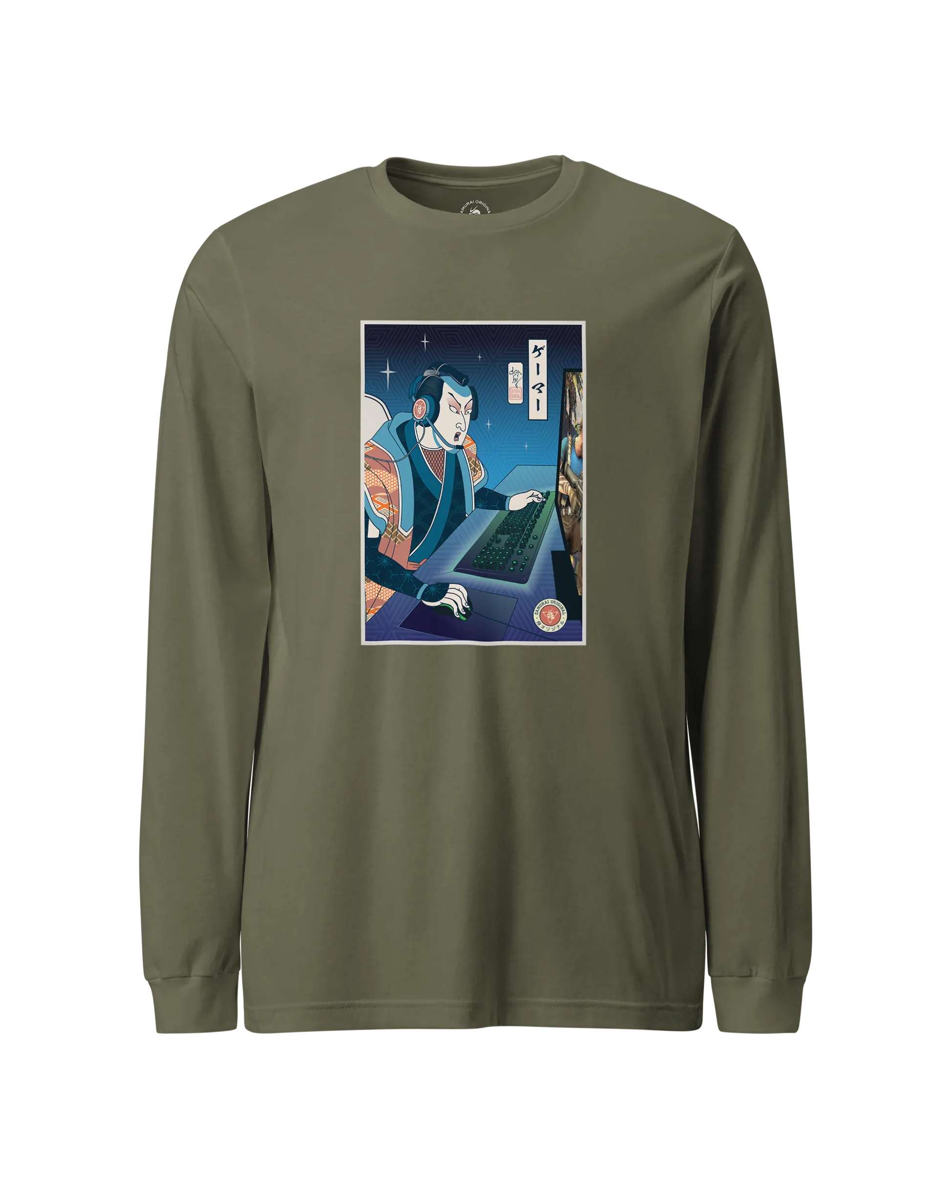 Samurai Gamer Streamer Ukiyo-e Unisex Long Sleeve Tee Military Green - Samurai Original