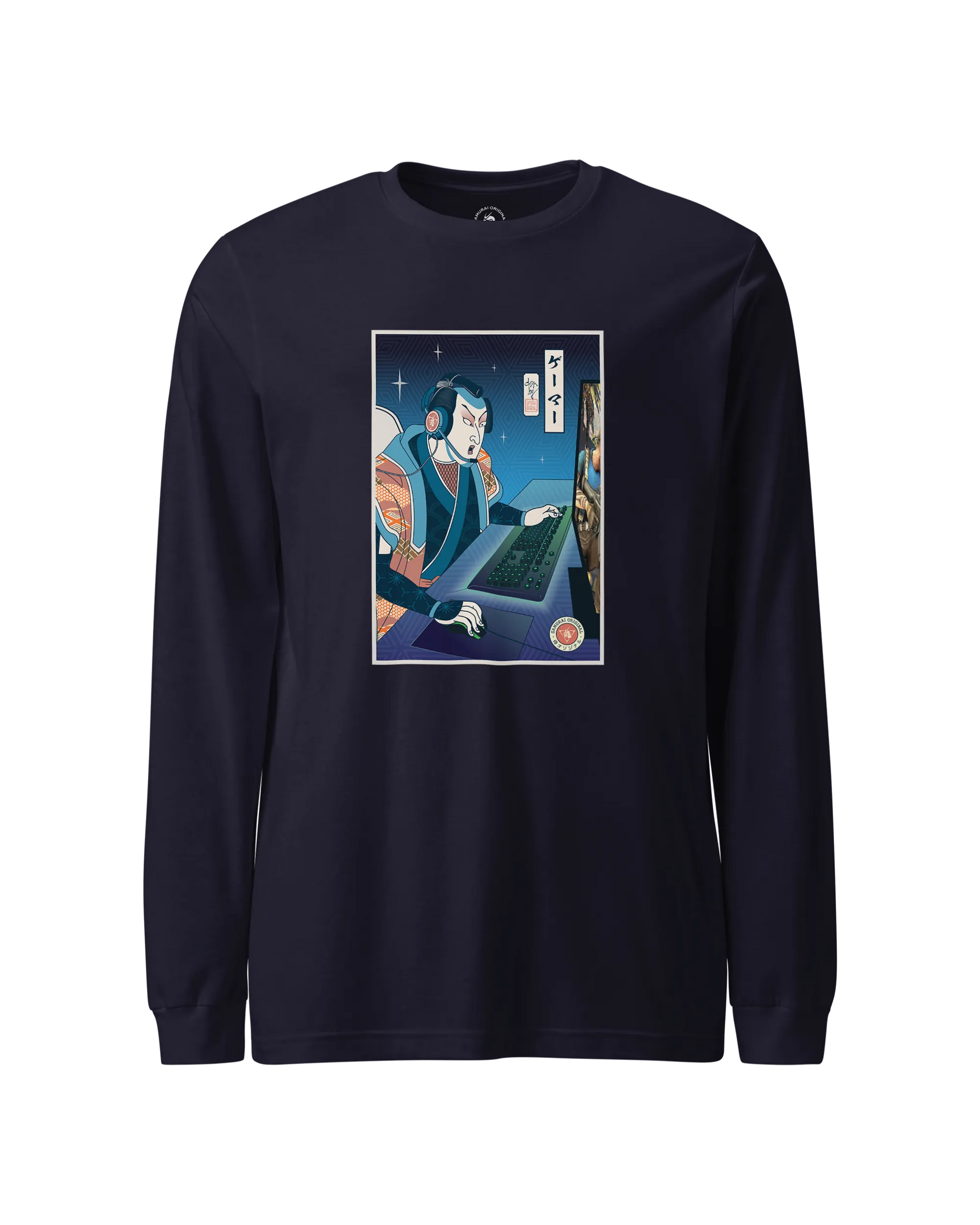 Samurai Gamer Streamer Ukiyo-e Unisex Long Sleeve Tee Navy - Samurai Original
