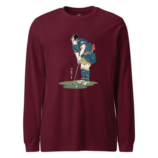 Samurai Golf Player Ukiyo-e 2 Unisex Long Sleeve Tee Maroon - Samurai Original