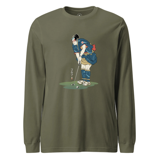 Samurai Golf Player Ukiyo-e 2 Unisex Long Sleeve Tee Military Green - Samurai Original