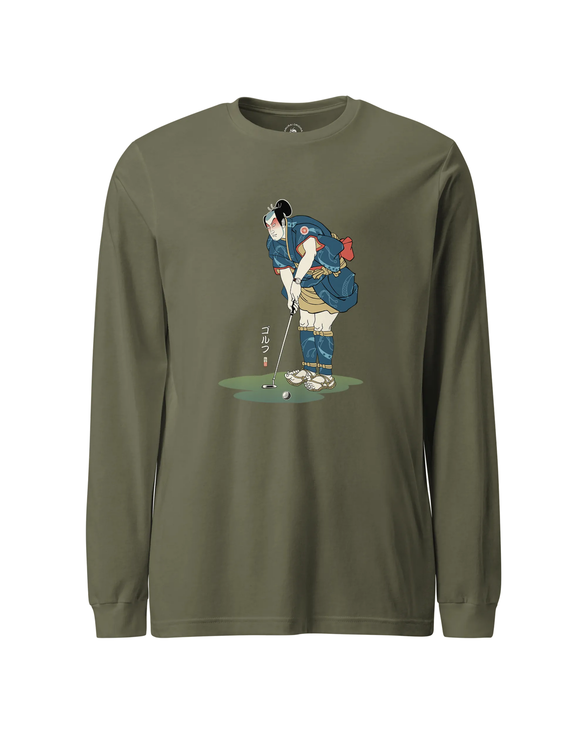 Samurai Golf Player Ukiyo-e 2 Unisex Long Sleeve Tee Military Green - Samurai Original