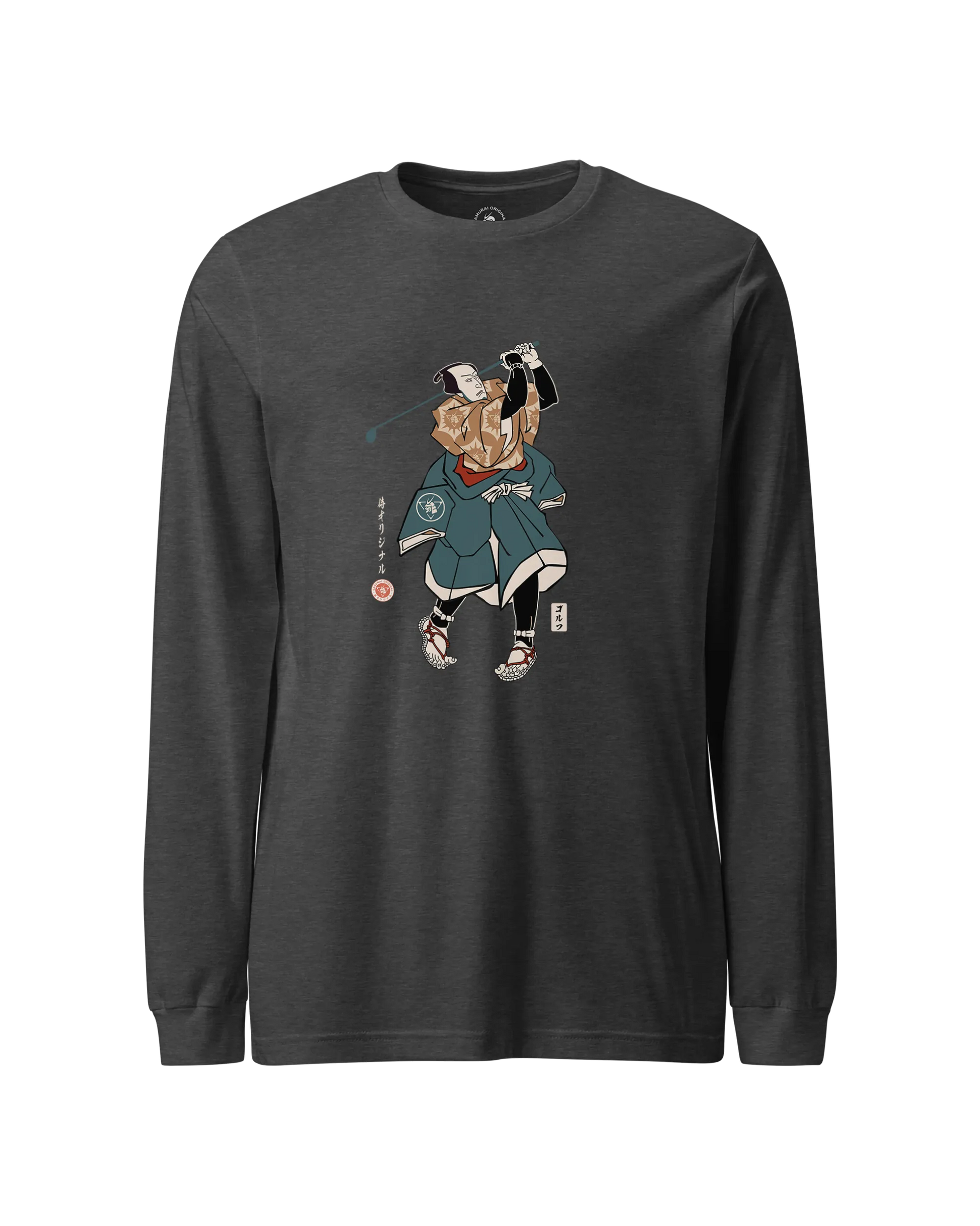 Samurai Golf Player Ukiyo-e Unisex Long Sleeve Tee Dark Grey Heather - Samurai Original