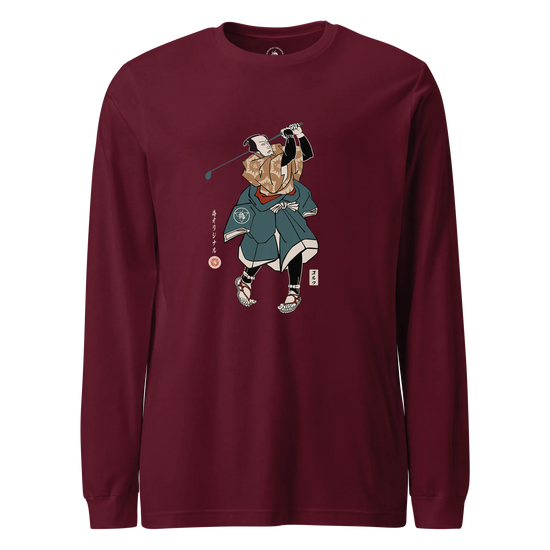 Samurai Golf Player Ukiyo-e Unisex Long Sleeve Tee Maroon - Samurai Original
