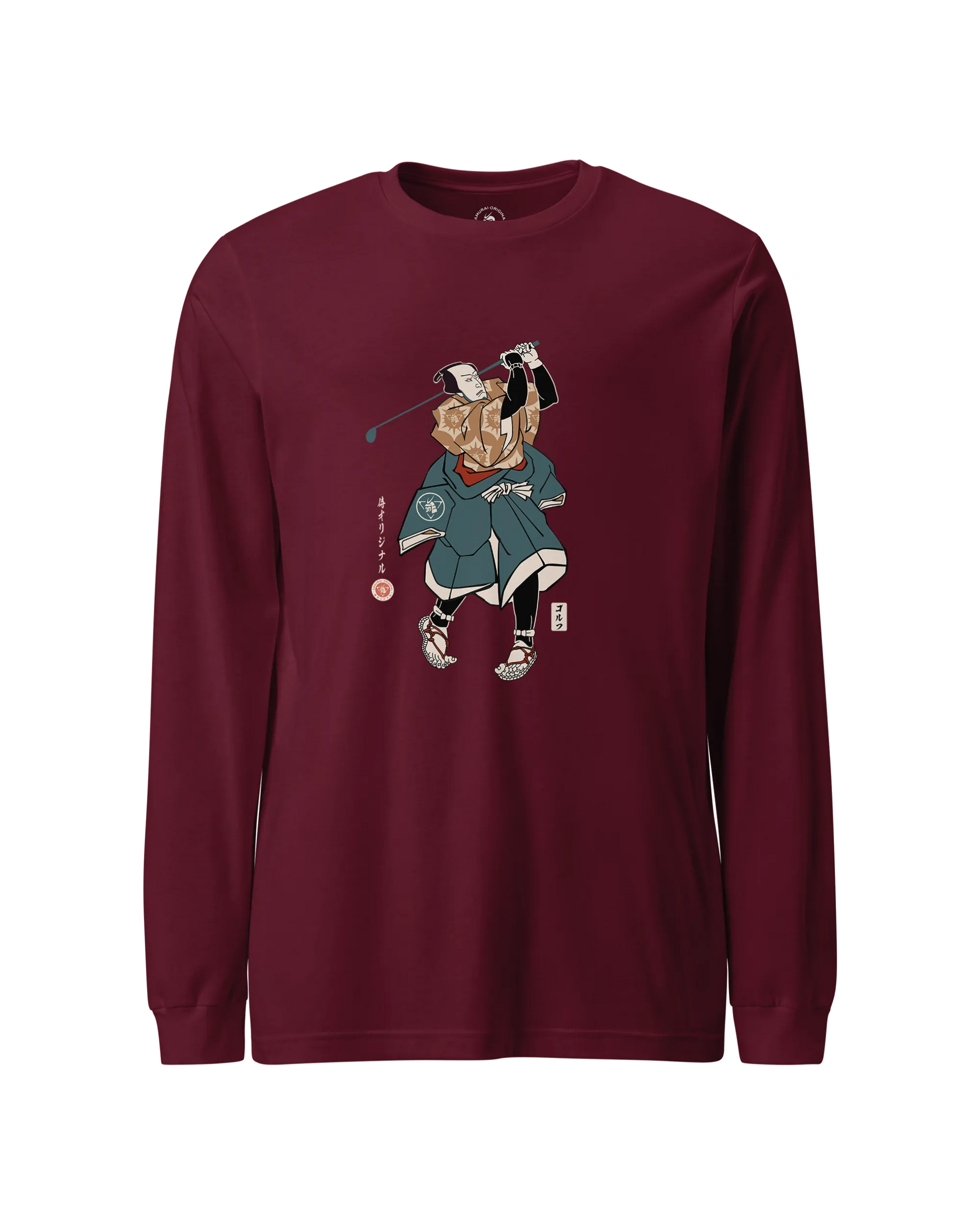 Samurai Golf Player Ukiyo-e Unisex Long Sleeve Tee Maroon - Samurai Original