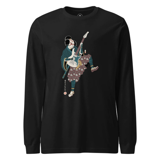 Samurai Guitar Player Music Ukiyo-e Unisex Long Sleeve Tee Black - Samurai Original