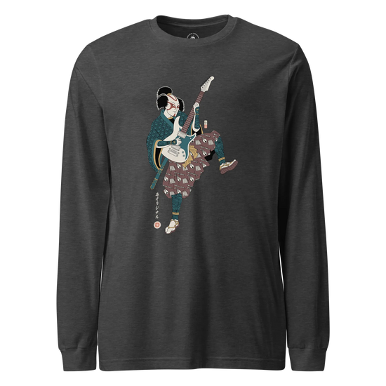 Samurai Guitar Player Music Ukiyo-e Unisex Long Sleeve Tee Dark Grey Heather - Samurai Original