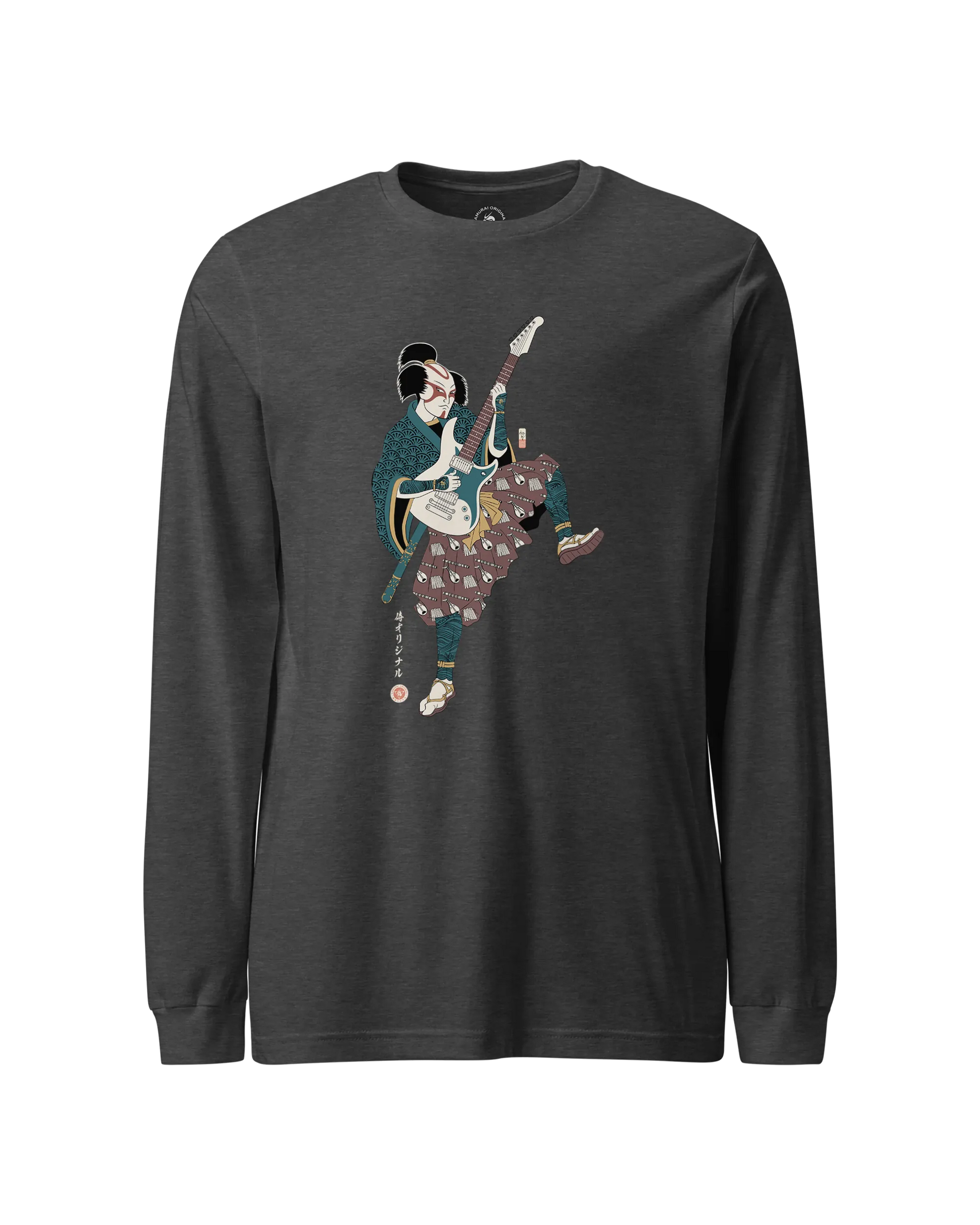 Samurai Guitar Player Music Ukiyo-e Unisex Long Sleeve Tee Dark Grey Heather - Samurai Original