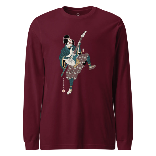 Samurai Guitar Player Music Ukiyo-e Unisex Long Sleeve Tee Maroon - Samurai Original