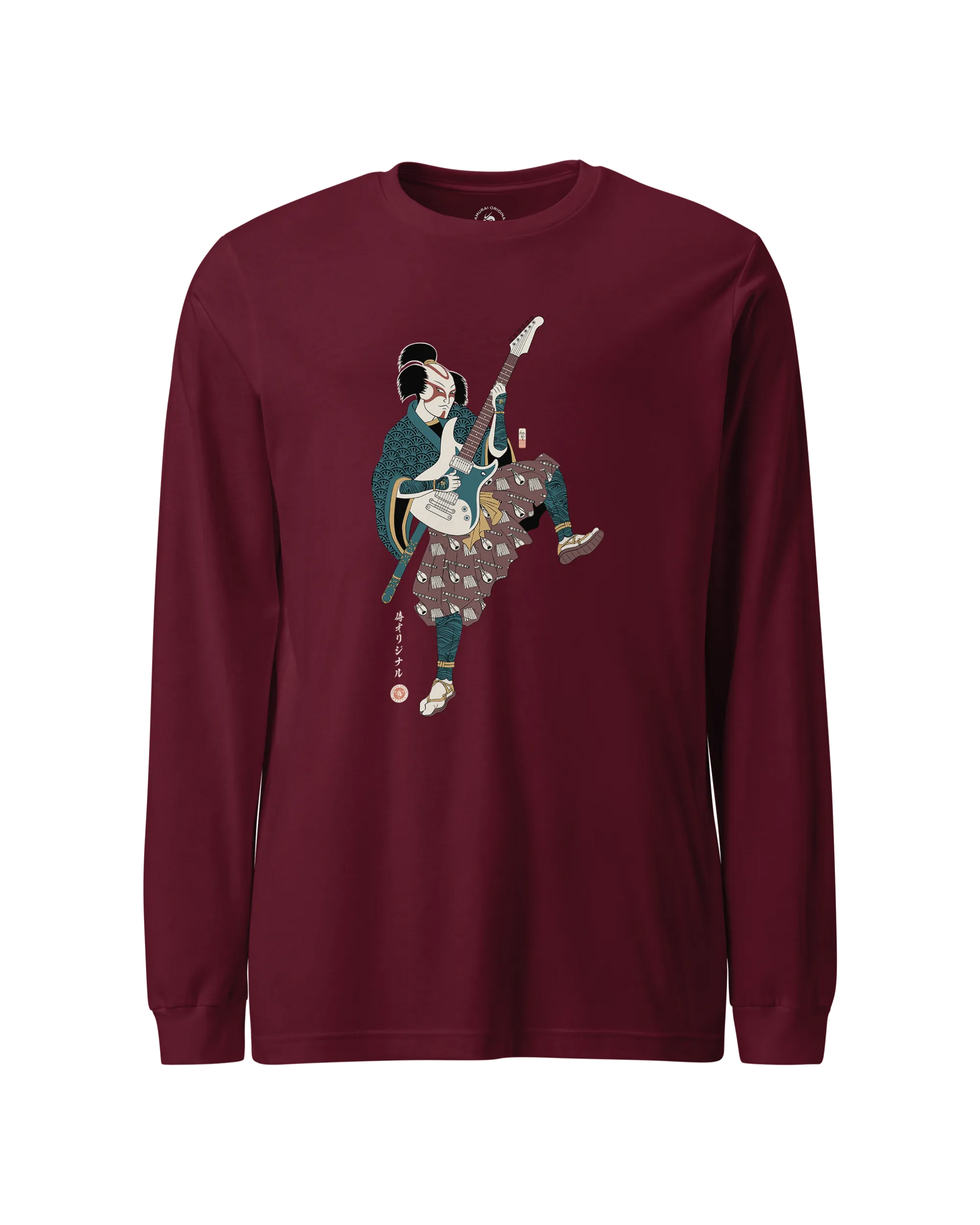 Samurai Guitar Player Music Ukiyo-e Unisex Long Sleeve Tee Maroon - Samurai Original